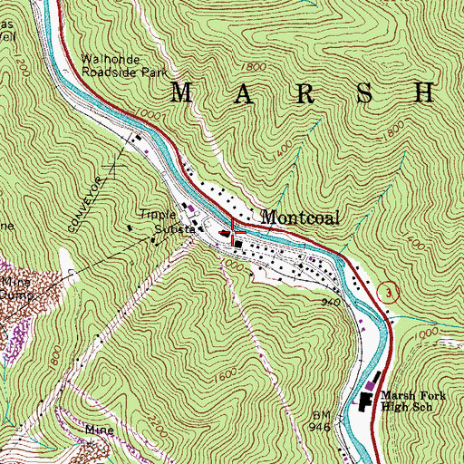 Topographic Map of Montcoal, WV