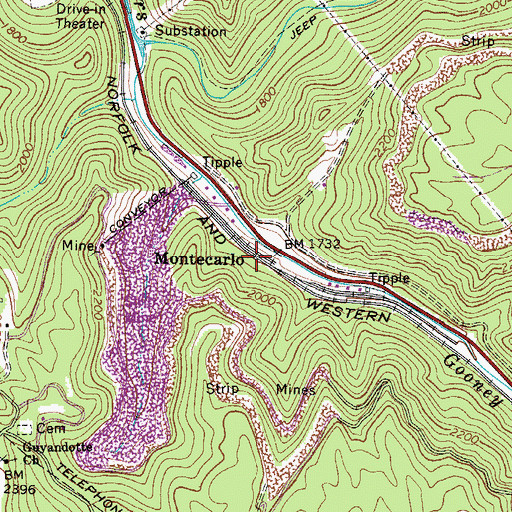 Topographic Map of Montecarlo, WV