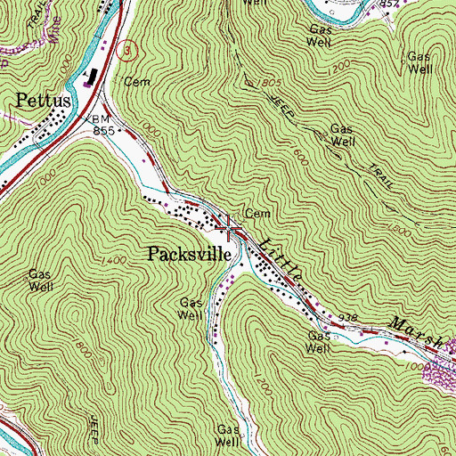 Topographic Map of Packsville, WV