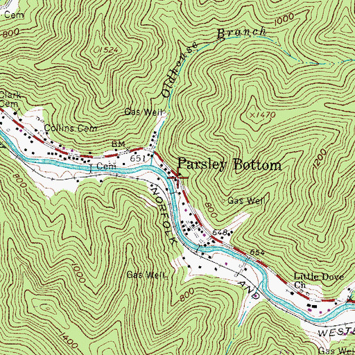 Topographic Map of Parsley Bottom, WV