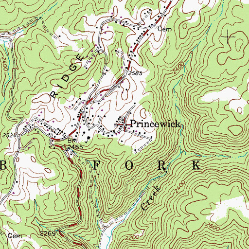 Topographic Map of Princewick, WV