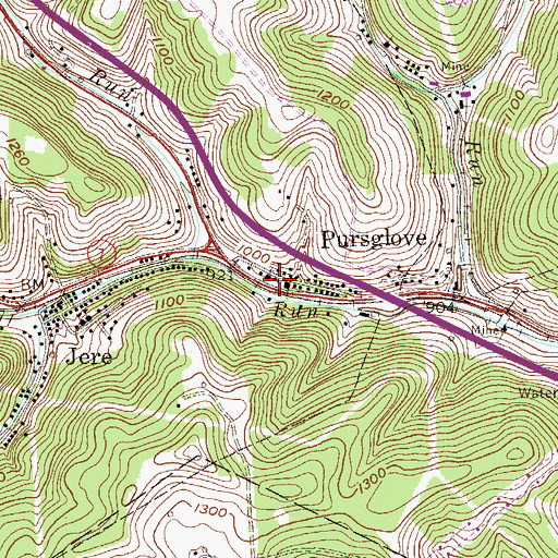 Topographic Map of Pursglove, WV