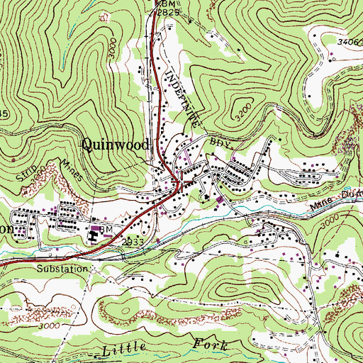 Topographic Map of Quinwood, WV