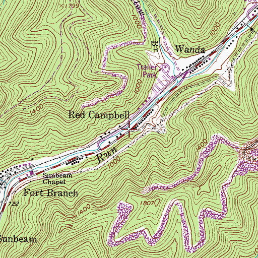 Topographic Map of Red Campbell, WV