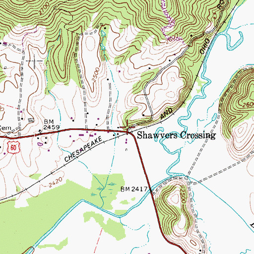 Topographic Map of Shawvers Crossing, WV