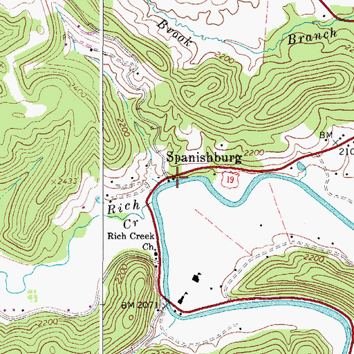 Topographic Map of Spanishburg, WV