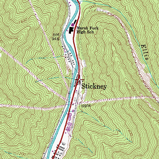 Topographic Map of Stickney, WV