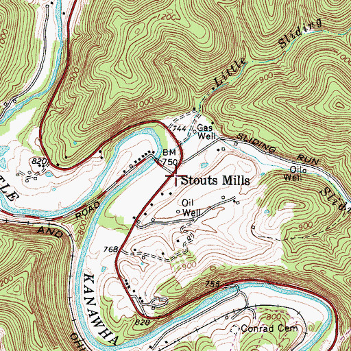 Topographic Map of Stouts Mills, WV