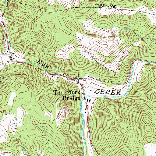 Topographic Map of Threefork Bridge, WV