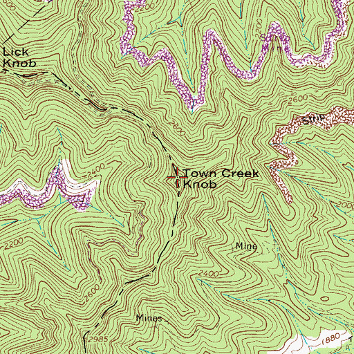 Topographic Map of Town Creek Knob, WV
