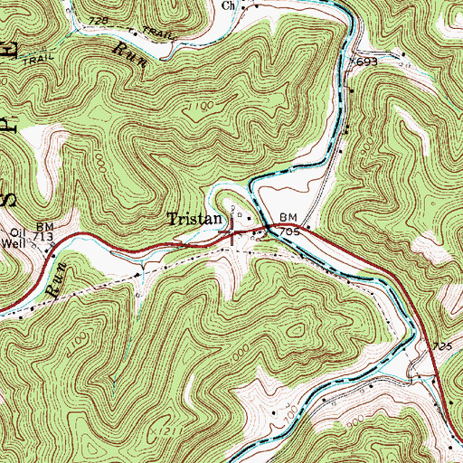 Topographic Map of Tristan, WV