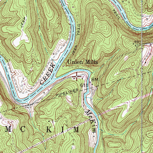 Topographic Map of Union Mills, WV