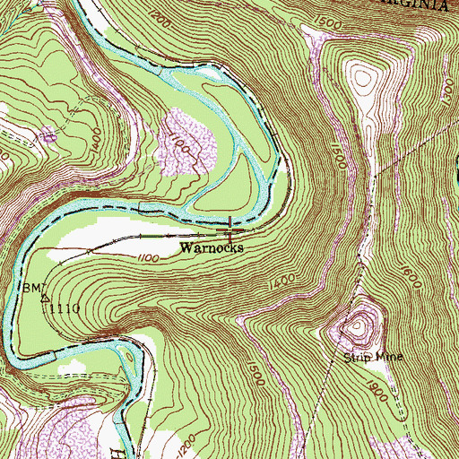 Topographic Map of Warnocks, WV