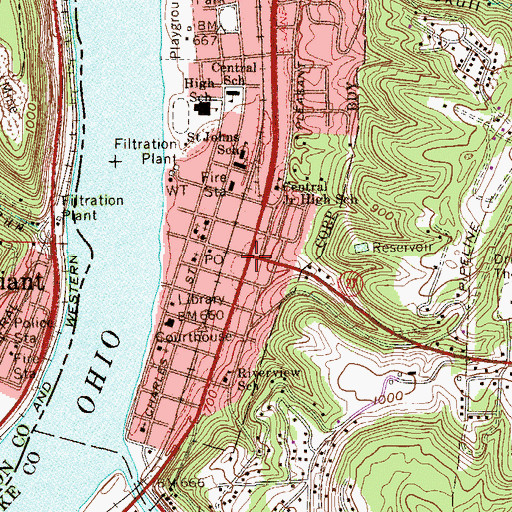 Topographic Map of Wellsburg, WV