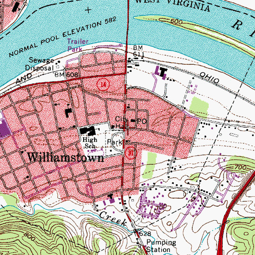 Topographic Map of Williamstown, WV
