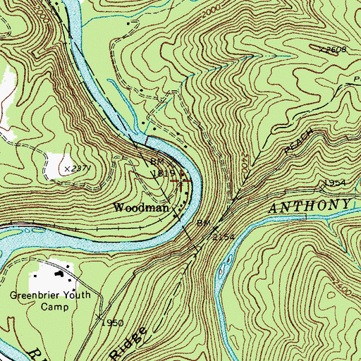 Topographic Map of Woodman, WV