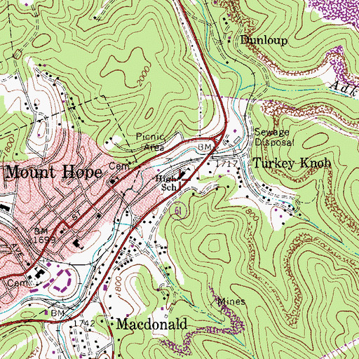 Topographic Map of Mount Hope High School, WV