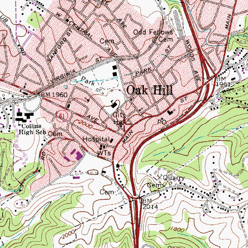 Topographic Map of Oak Hill City Hall, WV