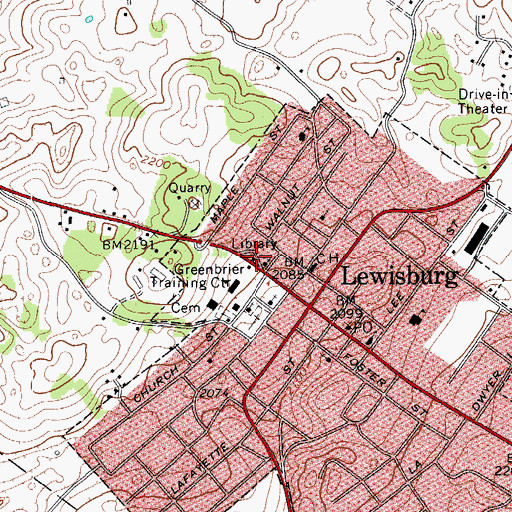Topographic Map of Greenbrier County Library, WV