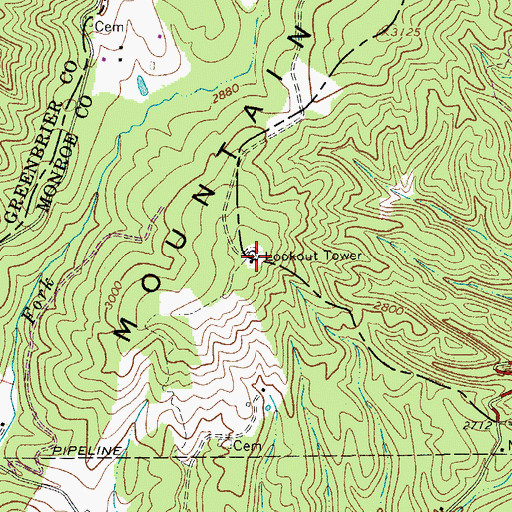 Topographic Map of Brushy Mountain Lookout Tower, WV