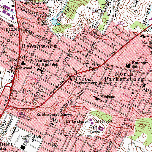 Topographic Map of Parkersburg and Wood County Library, WV