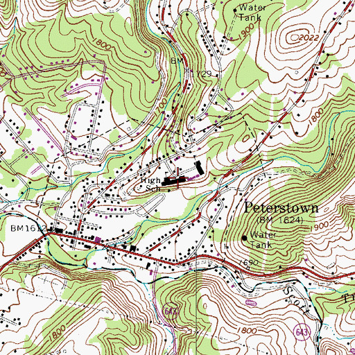 Topographic Map of Peterstown High School (historical), WV