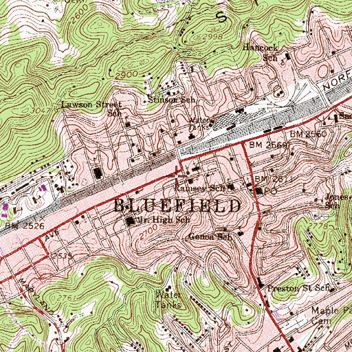 Topographic Map of Bluefield City Hall, WV