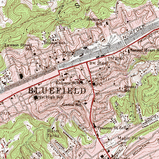 Topographic Map of Bluefield Downtown Commercial Historic District, WV