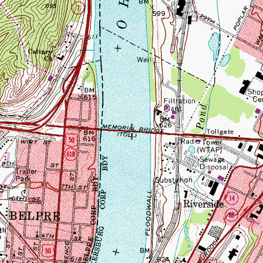 Topographic Map of Memorial Bridge, WV