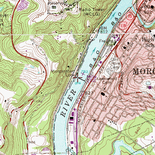 Topographic Map of Morgantown Lock, WV