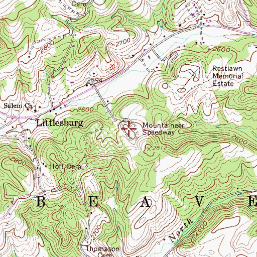 Topographic Map of Mountaineer Speedway, WV