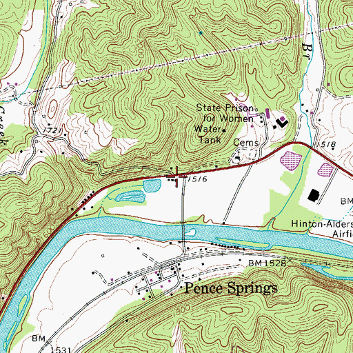 Topographic Map of Pence Springs Community Church, WV