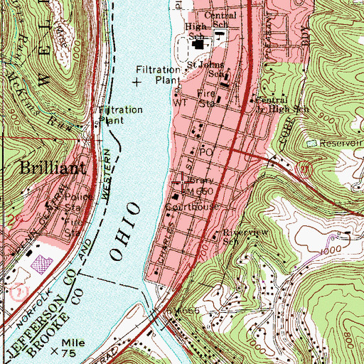 Topographic Map of Brooke County Public Library, WV