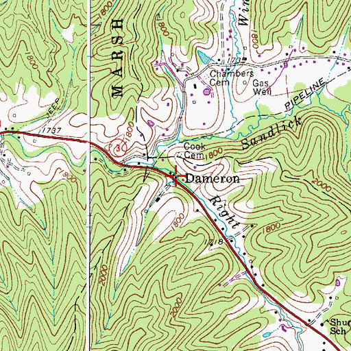 Topographic Map of Dameron, WV
