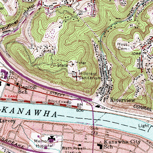 Topographic Map of Hillcrest Sanitarium (historical), WV