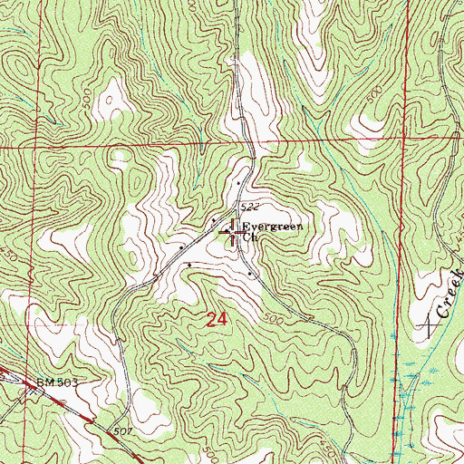 Topographic Map of Evergreen Baptist Church, AL