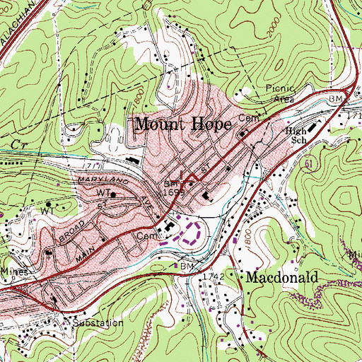 Topographic Map of Mount Hope Post Office, WV