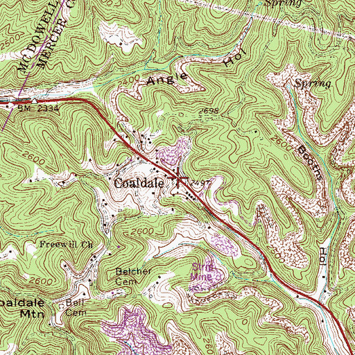 Topographic Map of Coaldale Post Office, WV