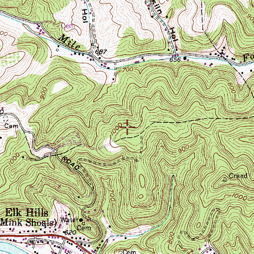 Topographic Map of WMSP-AM (Elk Hills), WV