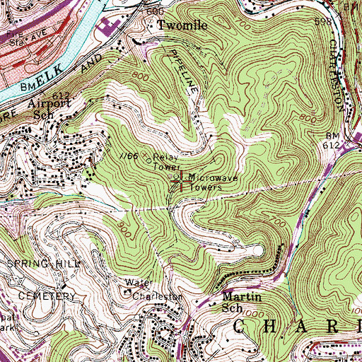 Topographic Map of WVNS-FM (Charleston), WV