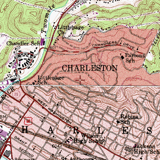Topographic Map of WVPN-FM (Charleston), WV