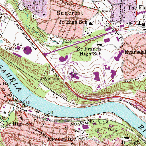Topographic Map of WWVU-FM (Morgantown), WV