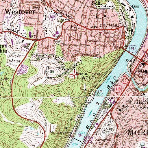 Topographic Map of WCLG-FM (Morgantown), WV