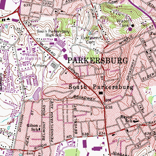 Topographic Map of South Parkersburg Branch Library, WV