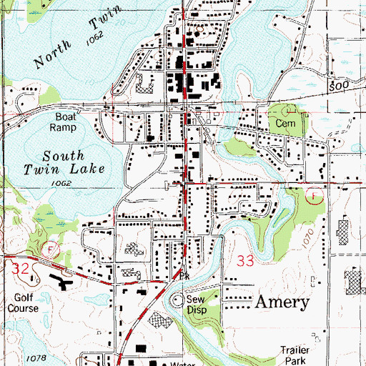 Topographic Map of Amery, WI