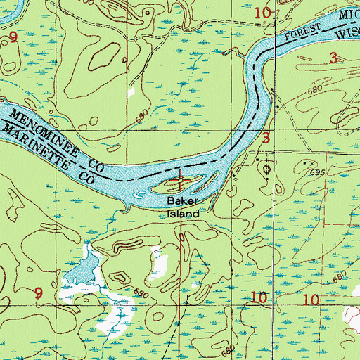 Topographic Map of Baker Island, WI