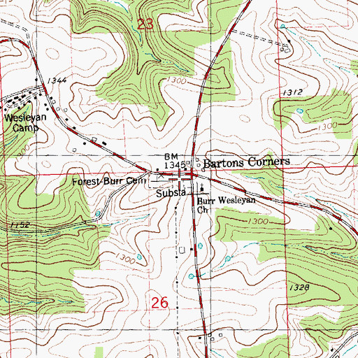 Topographic Map of Bartons Corners, WI