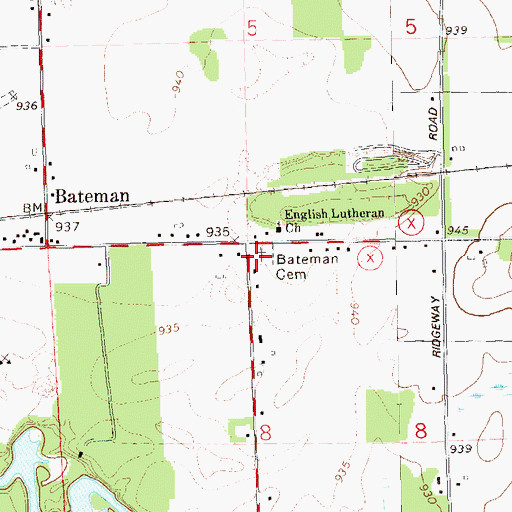 Topographic Map of Bateman Cemetery, WI