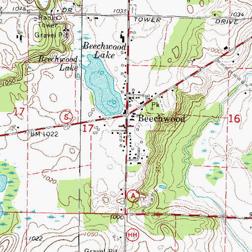 Topographic Map of Beechwood, WI