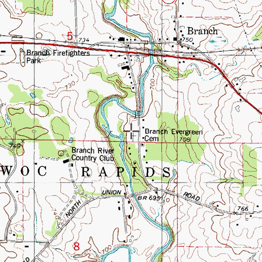 Topographic Map of Branch Evergreen Cemetery, WI